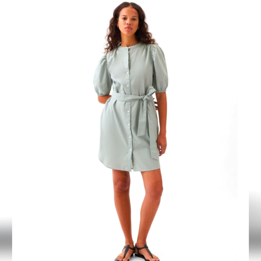 🆕GAP Linen-Cottom Puff-Sleeve Button-Up Shirtdress